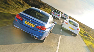 Porsche Panamera vs BMW M5, Jaguar XFR and Mercedes E63 AMG driving