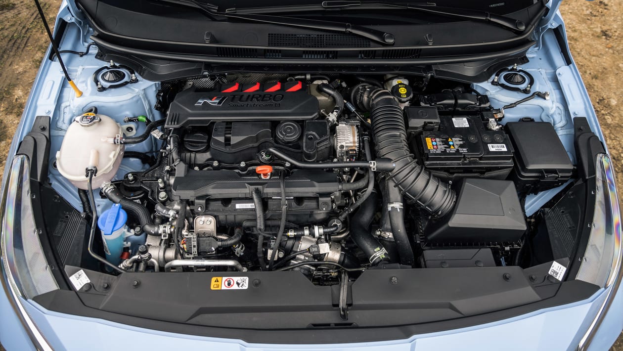 Hyundai i20 N 1.6-litre turbocharged engine bay showing the direct injection powerplant and N-branded engine cover