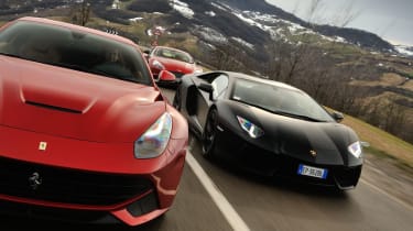 Ferrari F12 v Lamborghini Aventador and Aston Martin V12 Vanquish