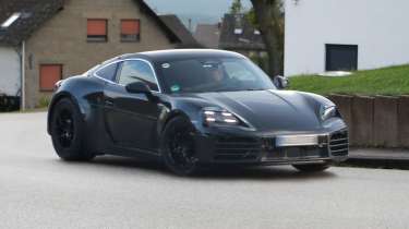 Electric Porsche Cayman spied front