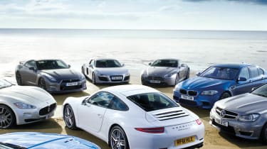 Porsche 911 vs R8, GT-R, XKR-S, M5, GranTurismo and Vantage