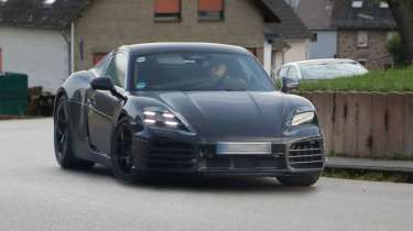 Electric Porsche Cayman spied front