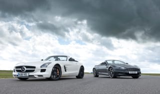 Mercedes SLS AMG Roadster vs Aston Martin DBS Volante evo track battle